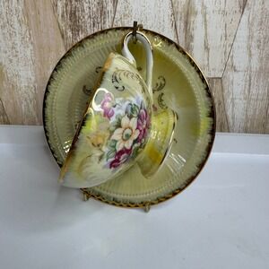 Inarco Japan E-6141 Yellow Lusterware Tea Cup and Saucer Set Floral Gold Trim